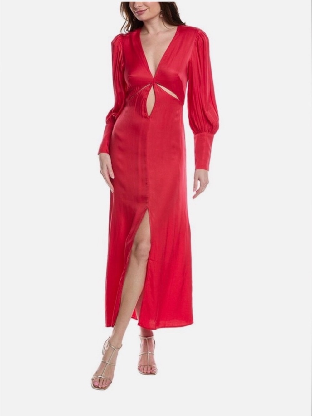 FARM Rio Red Satin Long-Sleeve Cutout Maxi Dress